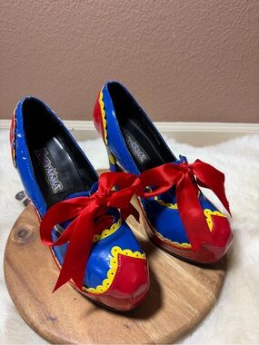 Funtasma by Pleaser Circus Clown Mary Jane Heels with Red Ribbon Size 8